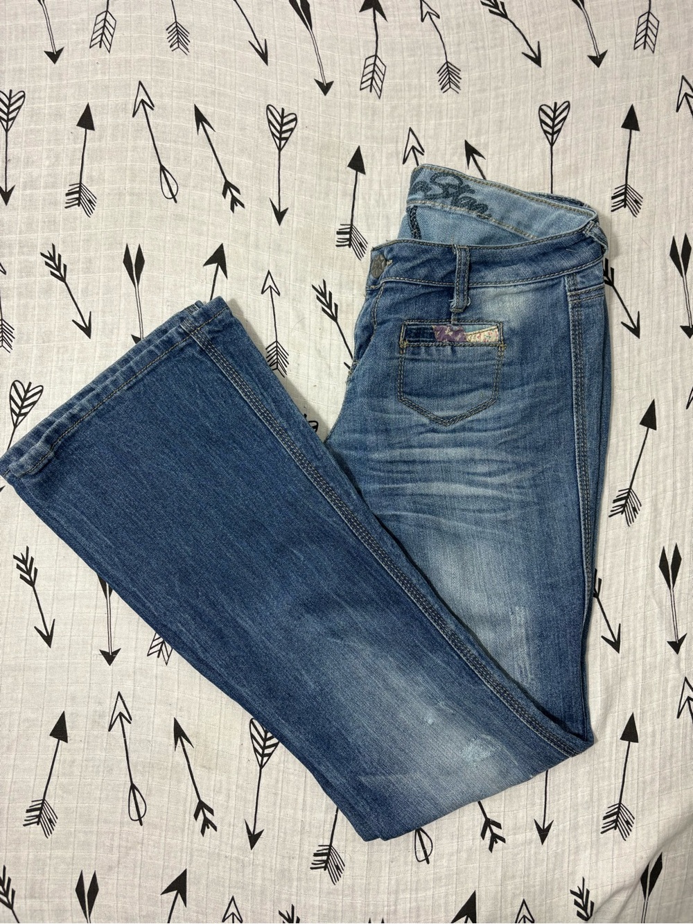 Vintage Y2K Vanilla Star Floral Patchwork Back Pocket Low-Rise Flare Jeans